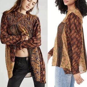 Free People Size S Merrie Mix Smocked Chiffon Oversized Tunic Blouse Bronze Boho